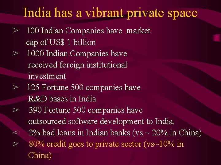 India has a vibrant private space > 100 Indian Companies have market cap of