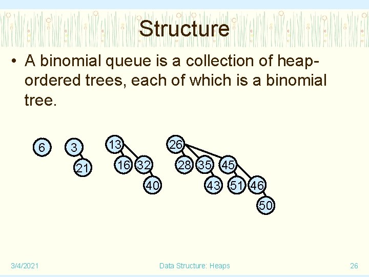 Structure • A binomial queue is a collection of heapordered trees, each of which