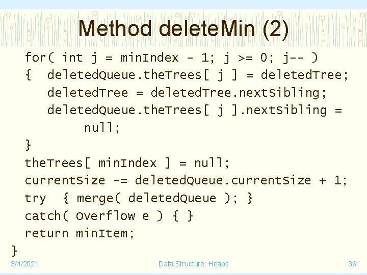 Method delete. Min (2) for( int j = min. Index - 1; j >=