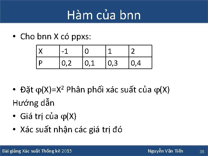 Hàm của bnn • Cho bnn X có ppxs: X P -1 0, 2