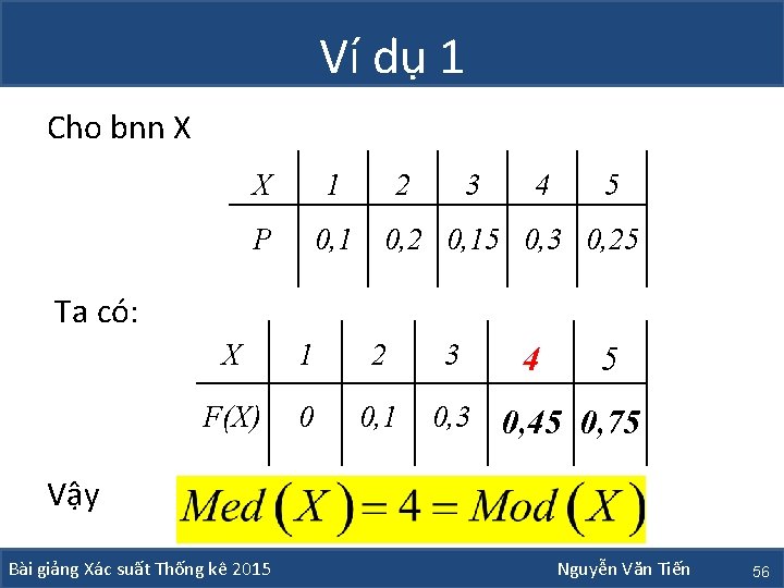 Ví dụ 1 Cho bnn X X 1 P 0, 1 2 3 4