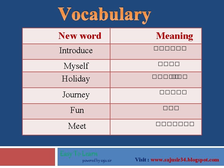 Vocabulary New word Meaning Introduce ������ Myself Holiday ���� Journey Fun Meet Easy To