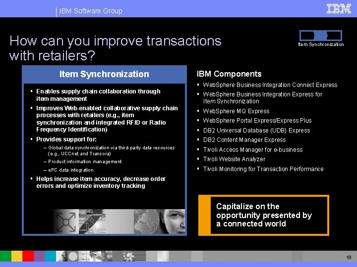 IBM Software Group How can you improve transactions with retailers? Item Synchronization § Enables