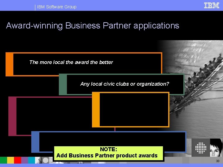 IBM Software Group Award-winning Business Partner applications The more local the award the better