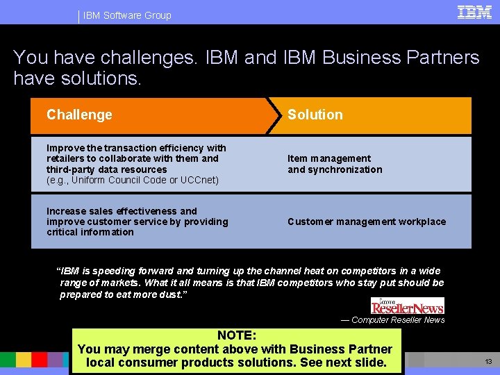 IBM Software Group You have challenges. IBM and IBM Business Partners have solutions. Challenge