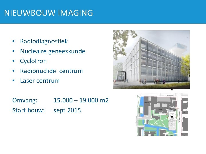 NIEUWBOUW IMAGING • • • Radiodiagnostiek Nucleaire geneeskunde Cyclotron Radionuclide centrum Laser centrum Omvang: