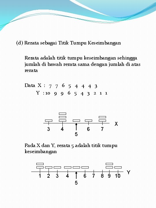 (d) Rerata sebagai Titik Tumpu Keseimbangan Rerata adalah titik tumpu keseimbangan sehingga jumlah di