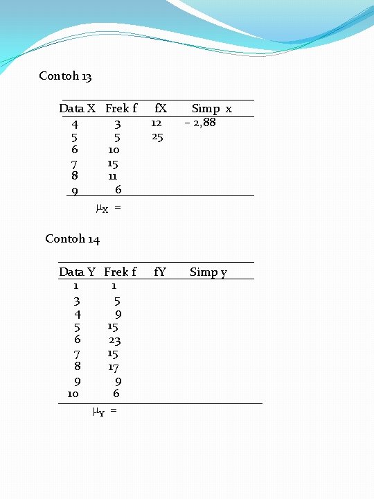 Contoh 13 Data X Frek f 4 3 5 5 6 10 7 15 Contoh 13 Data X Frek f 4 3 5 5 6 10 7 15