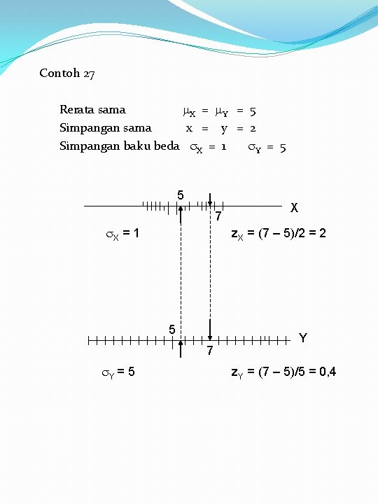 Contoh 27 Rerata sama X = Y = 5 Simpangan sama x = y Contoh 27 Rerata sama X = Y = 5 Simpangan sama x = y