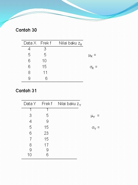 Contoh 30 Data X 4 5 6 6 8 9 Frek f 3 5 Contoh 30 Data X 4 5 6 6 8 9 Frek f 3 5