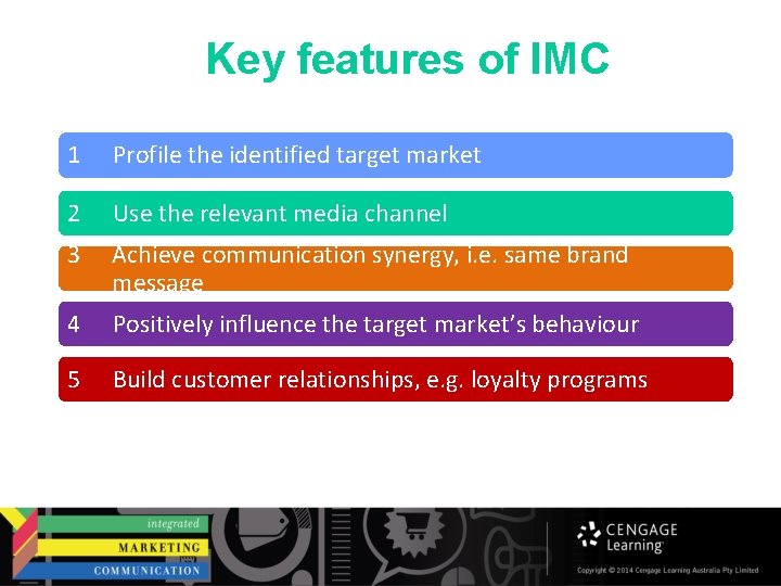 Key features of IMC 1 Profile the identified target market 2 Use the relevant