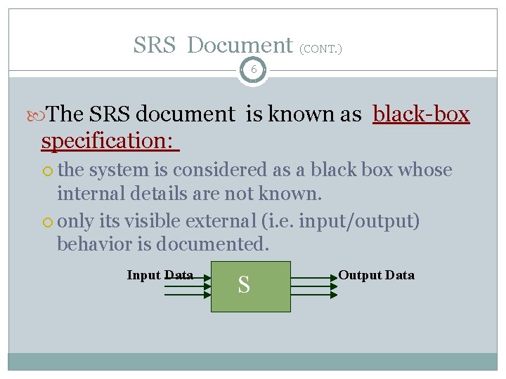 SRS Document (CONT. ) 6 The SRS document is known as black-box specification: the SRS Document (CONT. ) 6 The SRS document is known as black-box specification: the