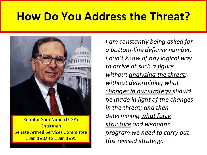 How Do You Address the Threat? Senator Sam Nunn (D-GA) Chairman Senate Armed Services