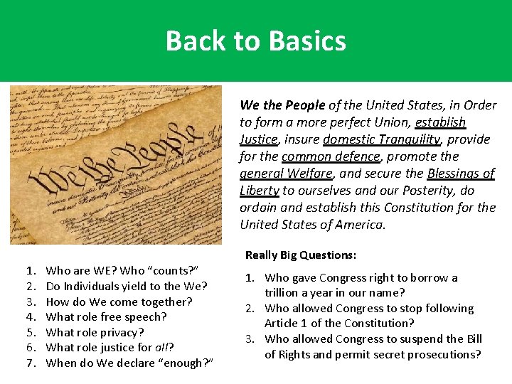 Back to Basics We the People of the United States, in Order to form