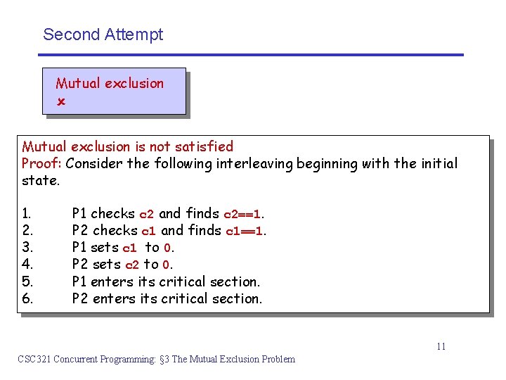 Second Attempt Mutual exclusion is not satisfied Proof: Consider the following interleaving beginning with