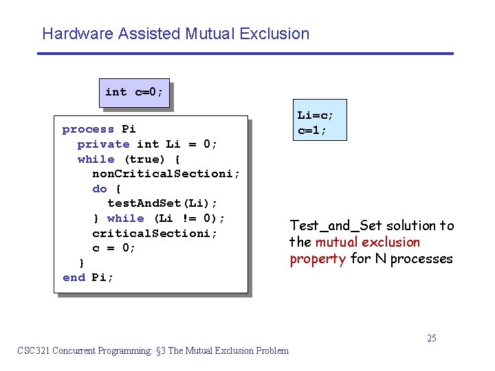 Hardware Assisted Mutual Exclusion int c=0; process Pi private int Li = 0; while