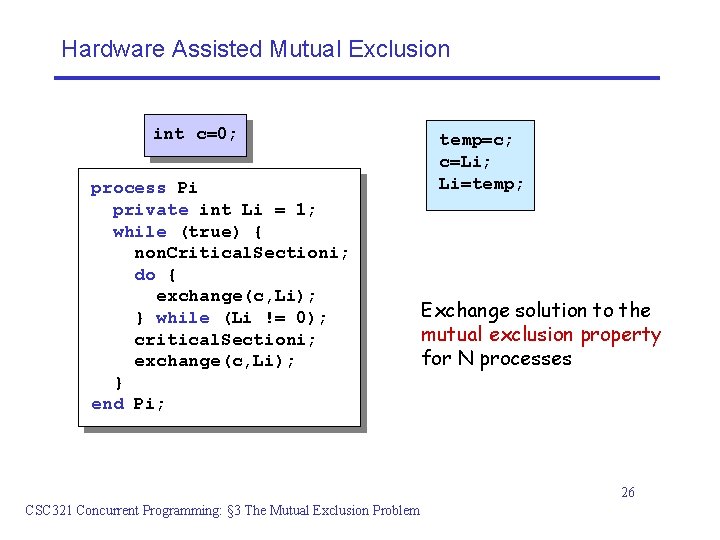 Hardware Assisted Mutual Exclusion int c=0; process Pi private int Li = 1; while