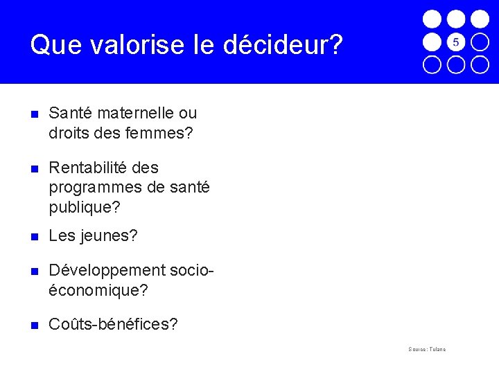 Que valorise le décideur? Santé maternelle ou droits des femmes? Rentabilité des programmes de