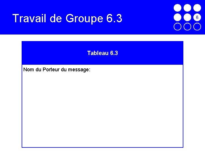 Travail de Groupe 6. 3 Tableau 6. 3 Nom du Porteur du message: 