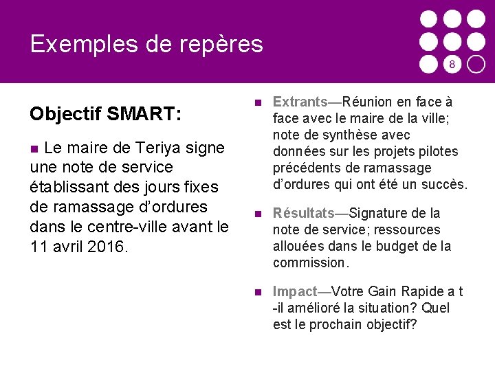 Exemples de repères Objectif SMART: Extrants—Réunion en face à face avec le maire de
