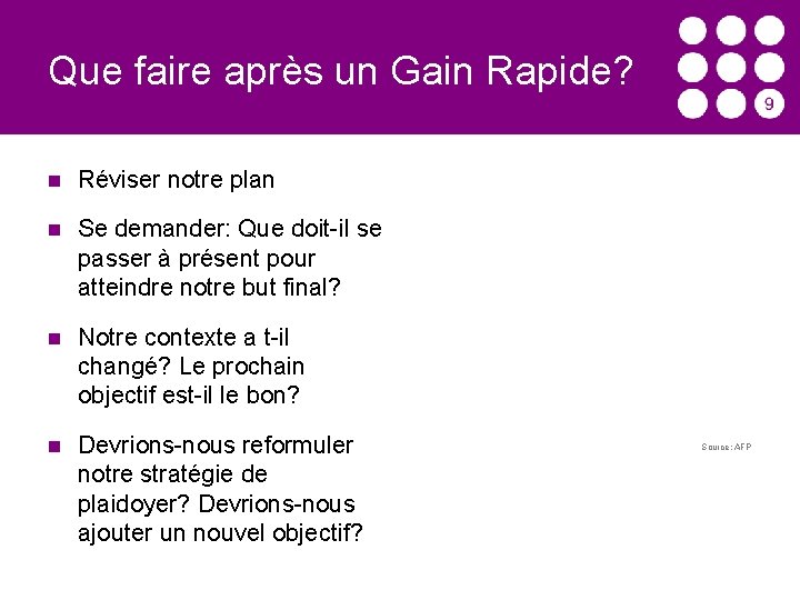 Que faire après un Gain Rapide? Réviser notre plan Se demander: Que doit-il se