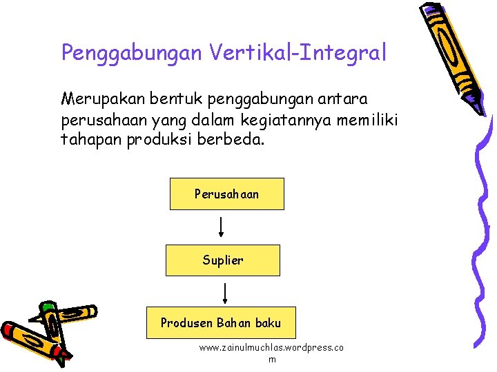 Penggabungan Vertikal-Integral Merupakan bentuk penggabungan antara perusahaan yang dalam kegiatannya memiliki tahapan produksi berbeda.