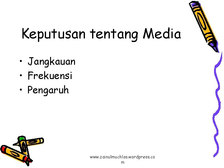 Keputusan tentang Media • Jangkauan • Frekuensi • Pengaruh www. zainulmuchlas. wordpress. co m