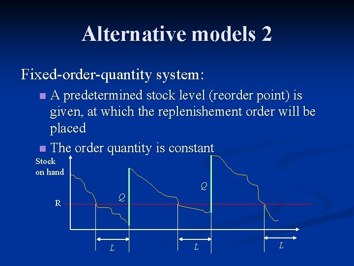 Alternative models 2 Fixed-order-quantity system: A predetermined stock level (reorder point) is given, at