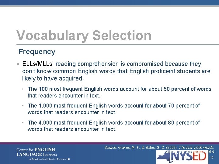 Vocabulary Selection Frequency § ELLs/MLLs’ reading comprehension is compromised because they don’t know common