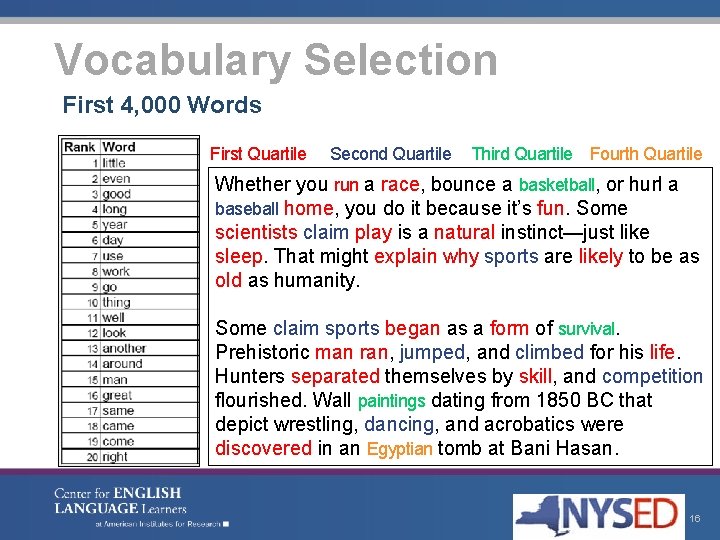 Vocabulary Selection First 4, 000 Words First Quartile Second Quartile Third Quartile Fourth Quartile