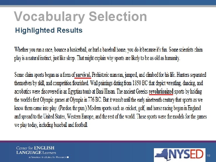 Vocabulary Selection Highlighted Results 18 