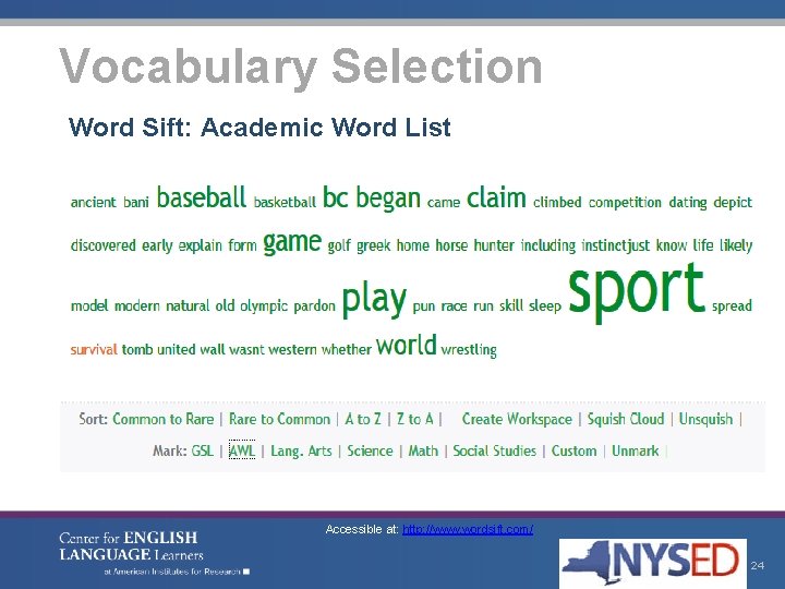 Vocabulary Selection Word Sift: Academic Word List Accessible at: http: //www. wordsift. com/ 24