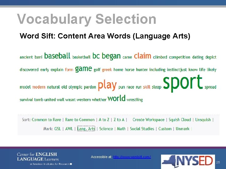 Vocabulary Selection Word Sift: Content Area Words (Language Arts) Accessible at: http: //www. wordsift.