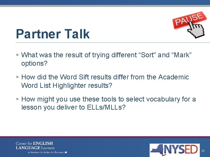 Partner Talk § What was the result of trying different “Sort” and “Mark” options?