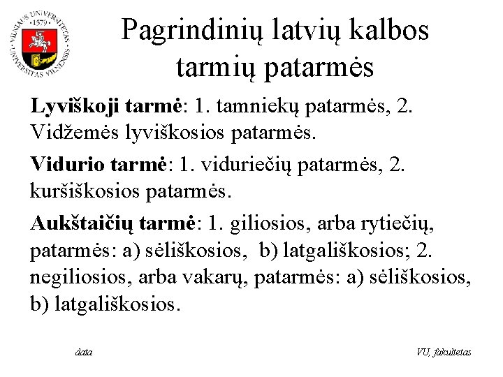 Pagrindinių latvių kalbos tarmių patarmės Lyviškoji tarmė: 1. tamniekų patarmės, 2. Vidžemės lyviškosios patarmės.