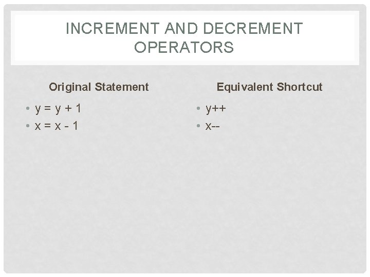 INCREMENT AND DECREMENT OPERATORS Original Statement • y=y+1 • x=x-1 Equivalent Shortcut • y++