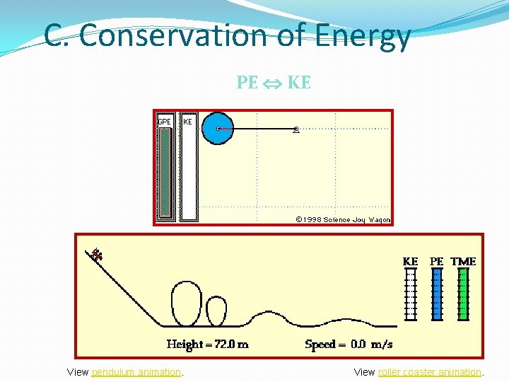 C. Conservation of Energy PE KE View pendulum animation. View roller coaster animation. C. Conservation of Energy PE KE View pendulum animation. View roller coaster animation.