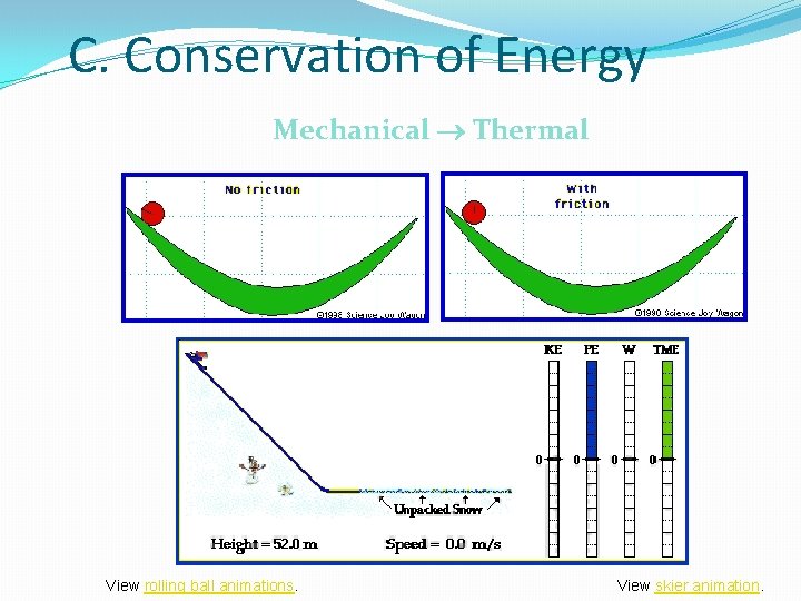 C. Conservation of Energy Mechanical Thermal View rolling ball animations. View skier animation. C. Conservation of Energy Mechanical Thermal View rolling ball animations. View skier animation.