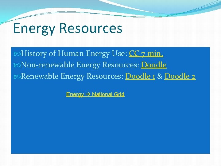 Energy Resources History of Human Energy Use: CC 7 min. Non-renewable Energy Resources: Doodle Energy Resources History of Human Energy Use: CC 7 min. Non-renewable Energy Resources: Doodle