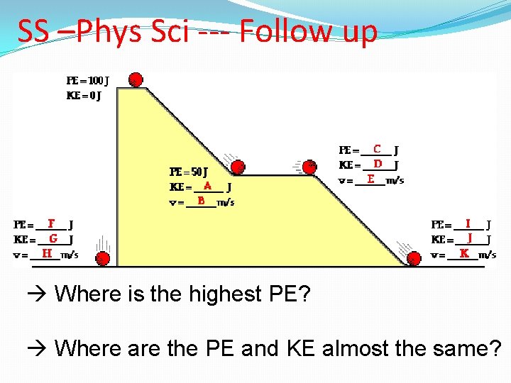 SS –Phys Sci --- Follow up Where is the highest PE? Where are the SS –Phys Sci --- Follow up Where is the highest PE? Where are the