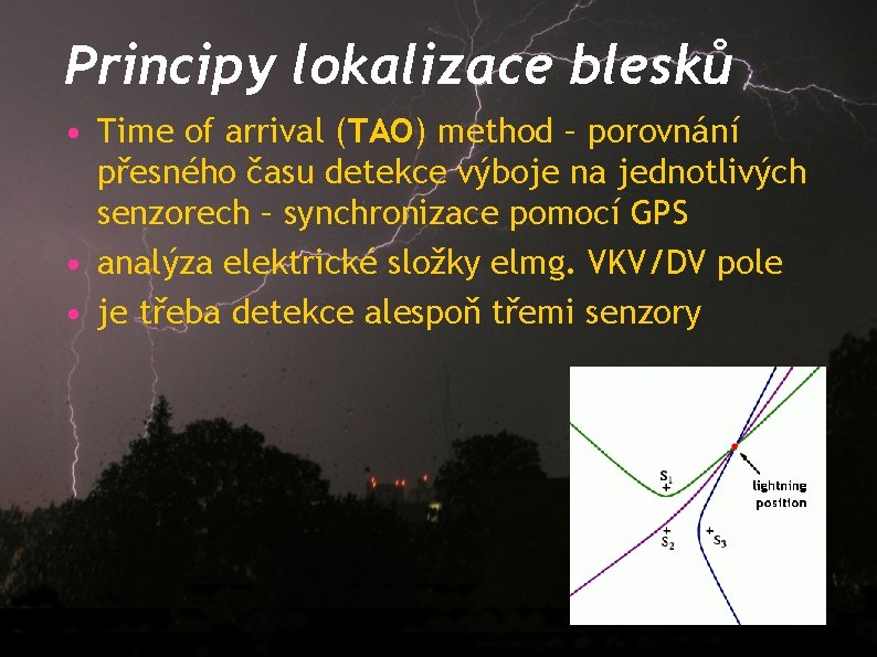 Principy lokalizace blesků • Time of arrival (TAO) method – porovnání přesného času detekce