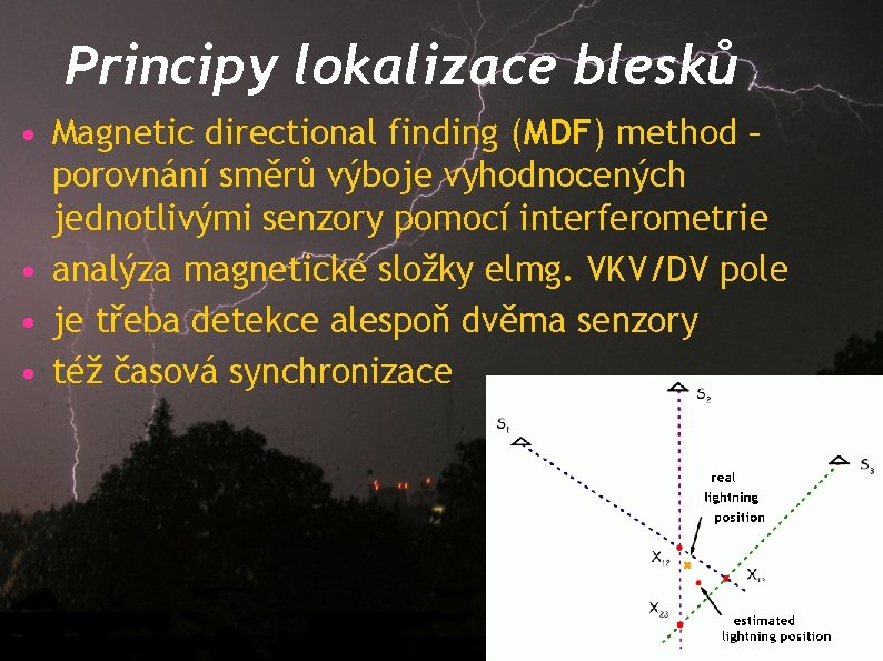 Principy lokalizace blesků • Magnetic directional finding (MDF) method – porovnání směrů výboje vyhodnocených