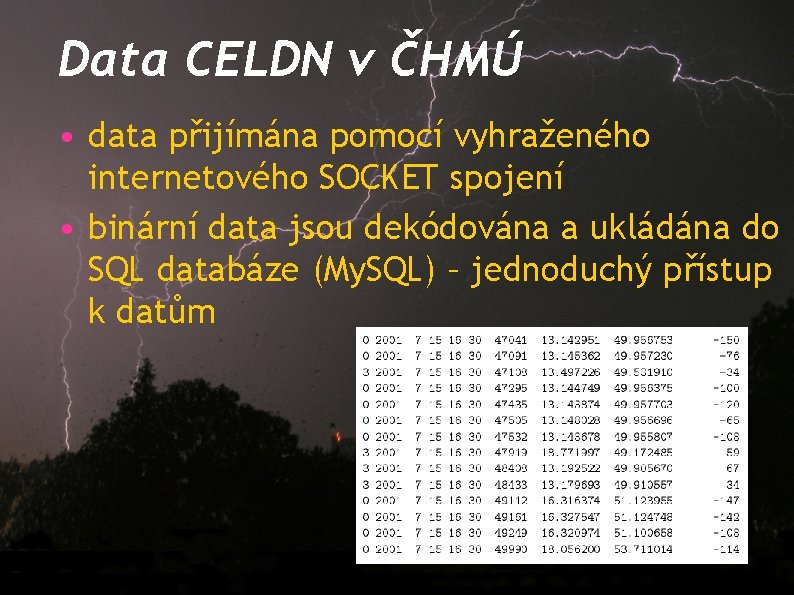 Data CELDN v ČHMÚ • data přijímána pomocí vyhraženého internetového SOCKET spojení • binární