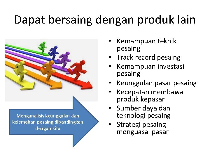 Dapat bersaing dengan produk lain Menganalisis keunggulan dan kelemahan pesaing dibandingkan dengan kita •