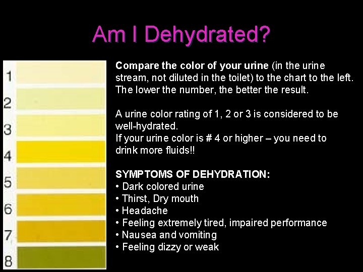 Am I Dehydrated? Compare the color of your urine (in the urine stream, not