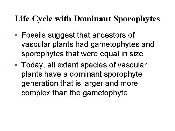 Life Cycle with Dominant Sporophytes • Fossils suggest that ancestors of vascular plants had