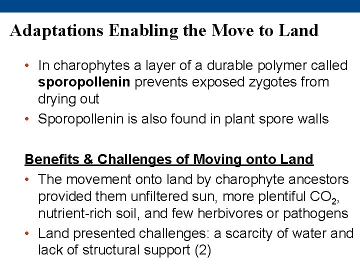 Adaptations Enabling the Move to Land • In charophytes a layer of a durable