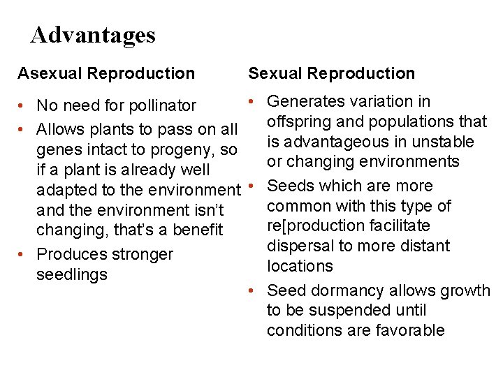 Advantages Asexual Reproduction Sexual Reproduction • Generates variation in • No need for pollinator