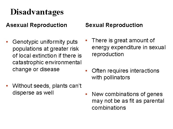 Disadvantages Asexual Reproduction Sexual Reproduction • Genotypic uniformity puts • There is great amount