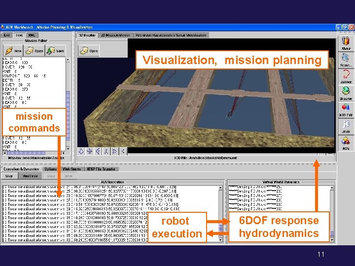 AUV Workbench windows Visualization, mission planning mission commands robot execution 6 DOF response hydrodynamics